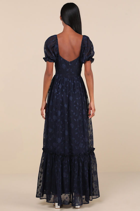 Lulus Phenomenal Sweetness Navy Floral Burnout Bustier Maxi Dress In Navy