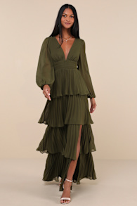 Graceful Finesse Olive Green Pleated Long Sleeve Maxi Dress 1