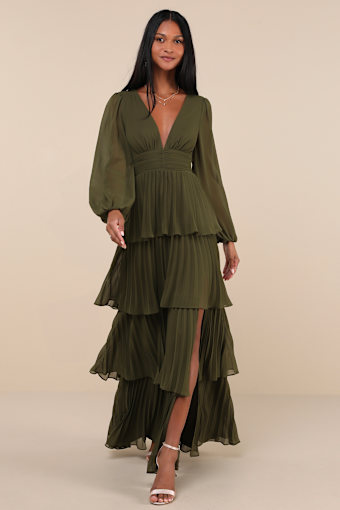 Graceful Finesse Olive Green Pleated Long Sleeve Maxi Dress 1