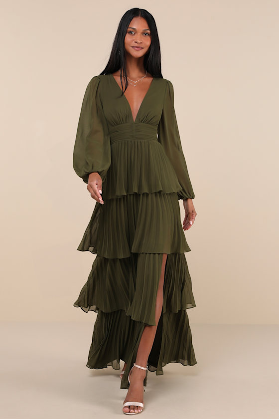 Graceful Finesse Olive Green Pleated Long Sleeve Maxi Dress 1