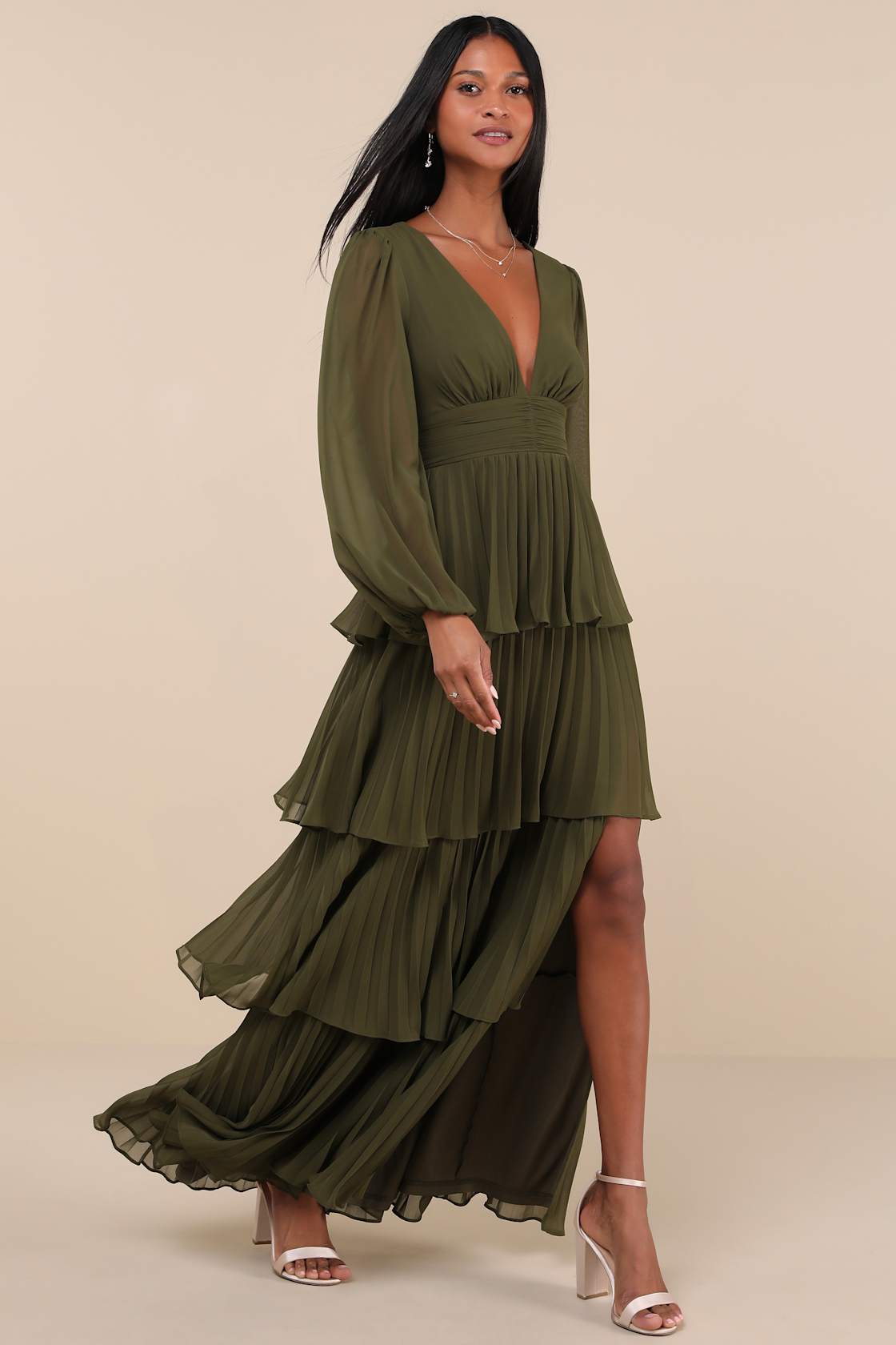 Graceful Finesse Olive Green Pleated Long Sleeve Maxi Dress