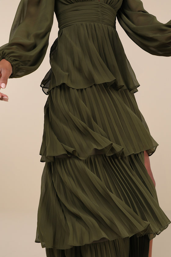 Lulus Graceful Finesse Olive Green Pleated Long Sleeve Maxi Dress In Olive Green