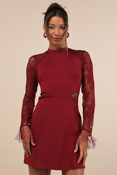 Bragging Rights Burgundy Lace Long Sleeve Skater Dress