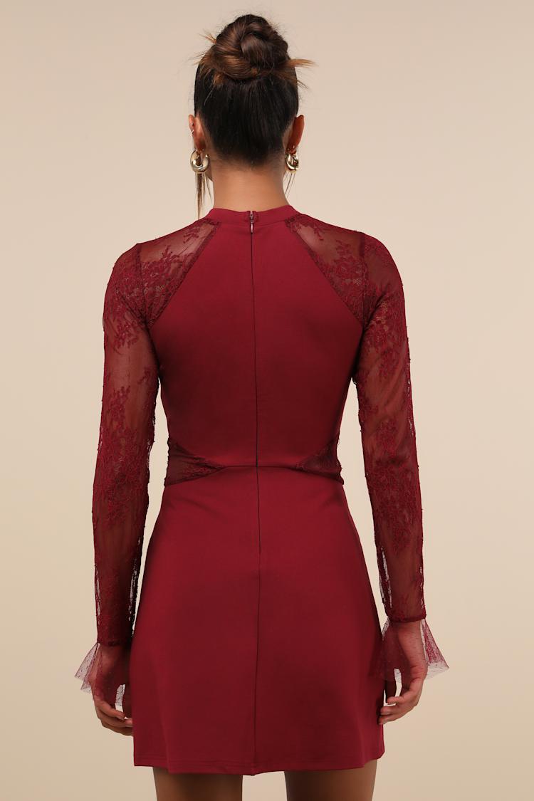 Bragging Rights Burgundy Lace Long Sleeve Skater Dress