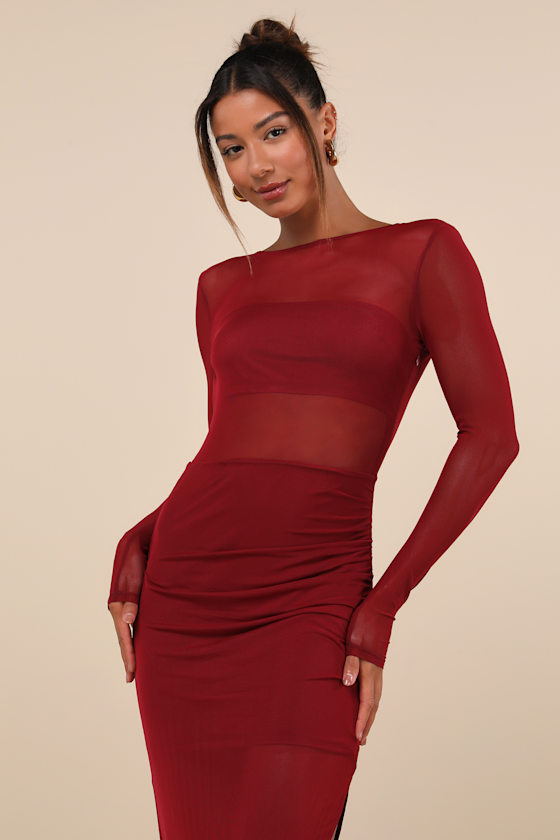 LULUS ALLURING SILHOUETTE DARK RED SHEER MESH BACKLESS MAXI DRESS