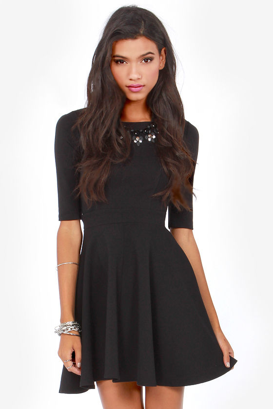 Cute Black Dress - Skater Dress - Dress with Sleeves - $49.00 - Lulus