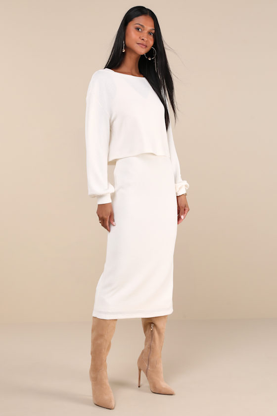 Marvelous Match Ivory Knit Two-Piece Midi Dress & Sweater Set 1