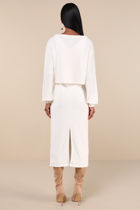 Lulus Marvelous Match Ivory Knit Two-piece Midi Dress & Sweater Set In Ivory