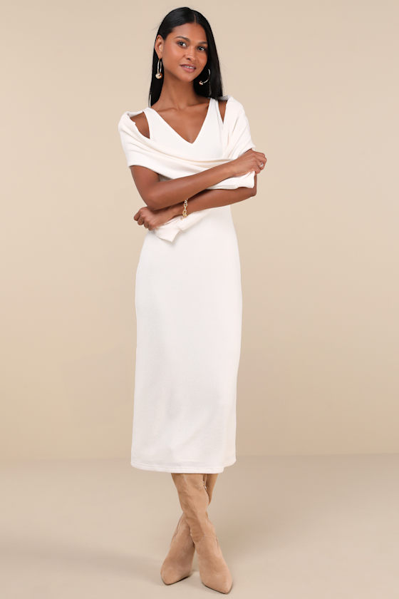 Lulus Marvelous Match Ivory Knit Two-piece Midi Dress & Sweater Set In Ivory