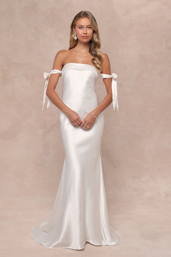 Eternally Loved White Cutout Satin Off the Shoulder Maxi Dress