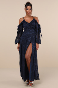 Pleasant Aura Navy Blue Floral Burnout Cold-Shoulder Maxi Dress