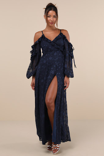 Pleasant Aura Navy Blue Floral Burnout Cold-Shoulder Maxi Dress 3