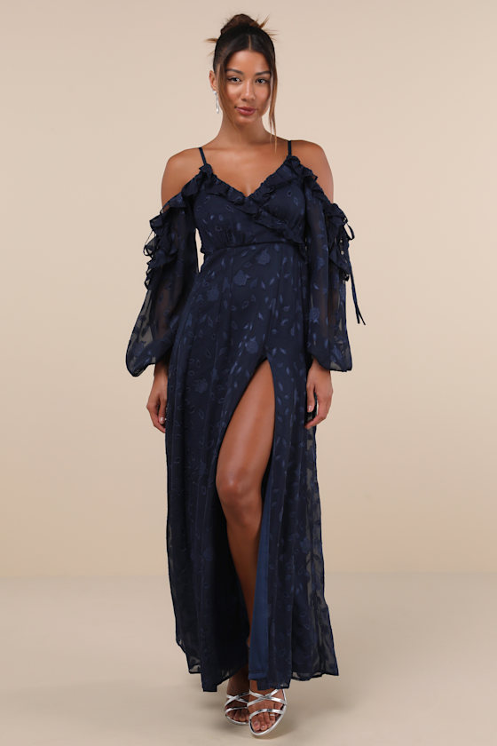 Pleasant Aura Navy Blue Floral Burnout Cold-Shoulder Maxi Dress 3