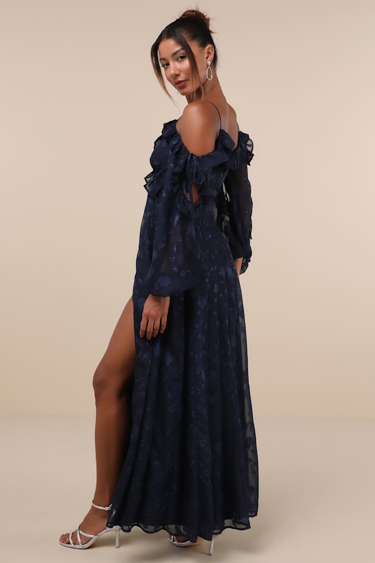 Pleasant Aura Navy Blue Floral Burnout Cold-Shoulder Maxi Dress