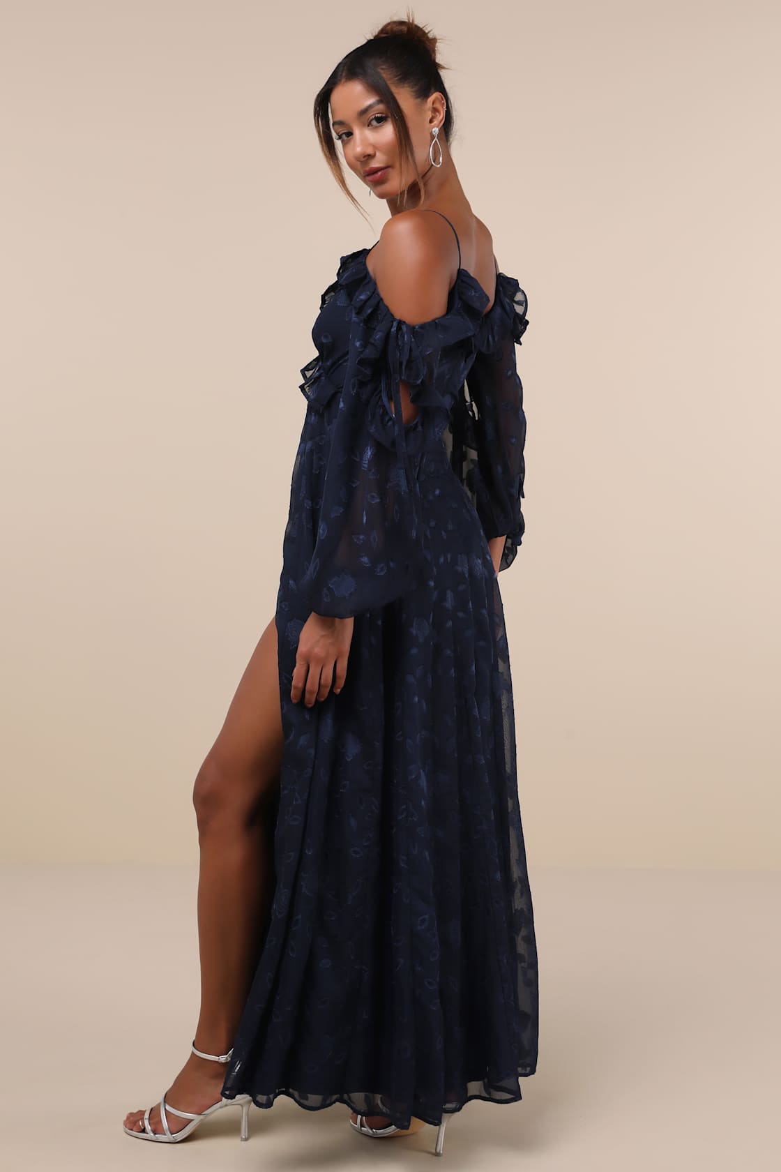 Pleasant Aura Navy Blue Floral Burnout Cold-Shoulder Maxi Dress