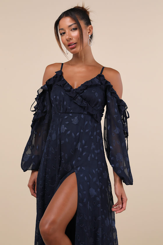 LULUS PLEASANT AURA NAVY BLUE FLORAL BURNOUT COLD-SHOULDER MAXI DRESS