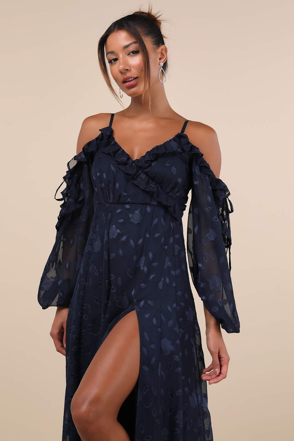 Pleasant Aura Navy Blue Floral Burnout Cold-Shoulder Maxi Dress