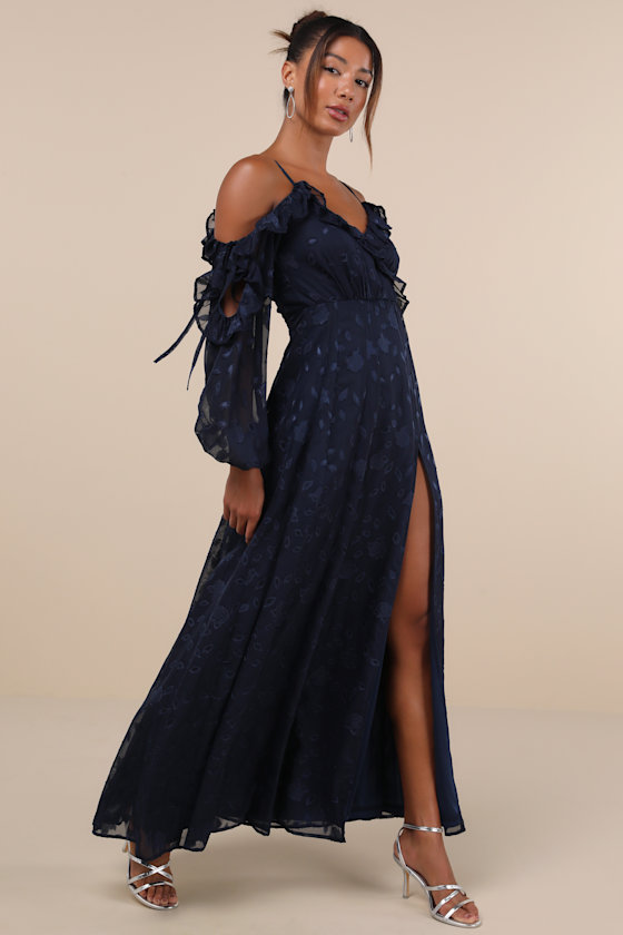 LULUS PLEASANT AURA NAVY BLUE FLORAL BURNOUT COLD-SHOULDER MAXI DRESS