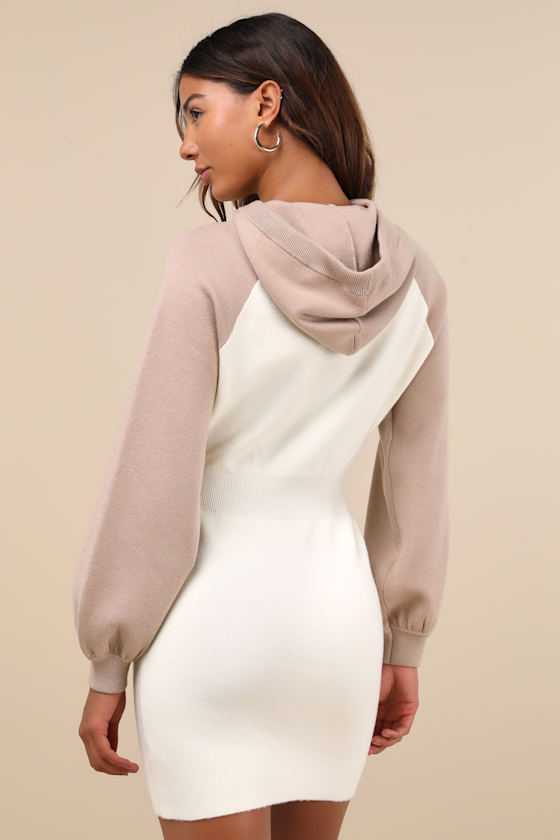 Lulus Laidback Moments Ivory And Beige Hooded Sweater Mini Dress In Ivory