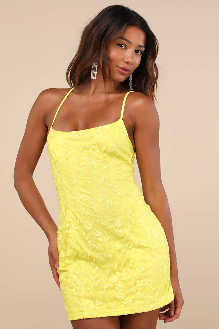 Yellow Dress - Floral Embroidered Dress - Lace-Up Mini Dress - Lulus Yellow Dress - Floral Embroidered Dress - Lace-Up Mini Dress - Lulus