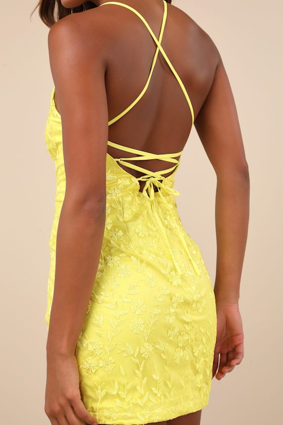 Lulus Lively Sweetheart Neon Yellow Embroidered Lace-up Mini Dress In Yellow