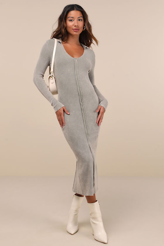Lulus Effortlessly Pristine Washed Olive Ribbed Long Sleeve Midi Dress In Green