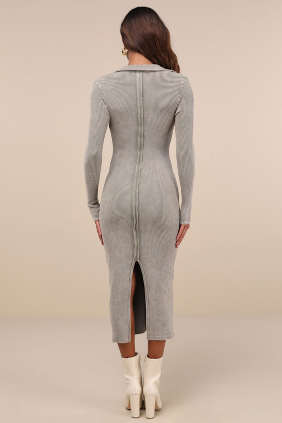Lulus Effortlessly Pristine Washed Olive Ribbed Long Sleeve Midi Dress In Green