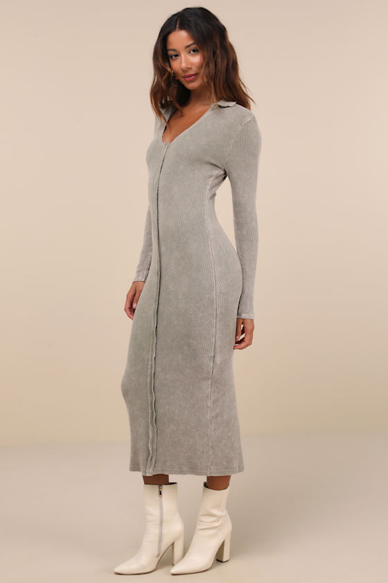 Lulus Effortlessly Pristine Washed Olive Ribbed Long Sleeve Midi Dress In Green