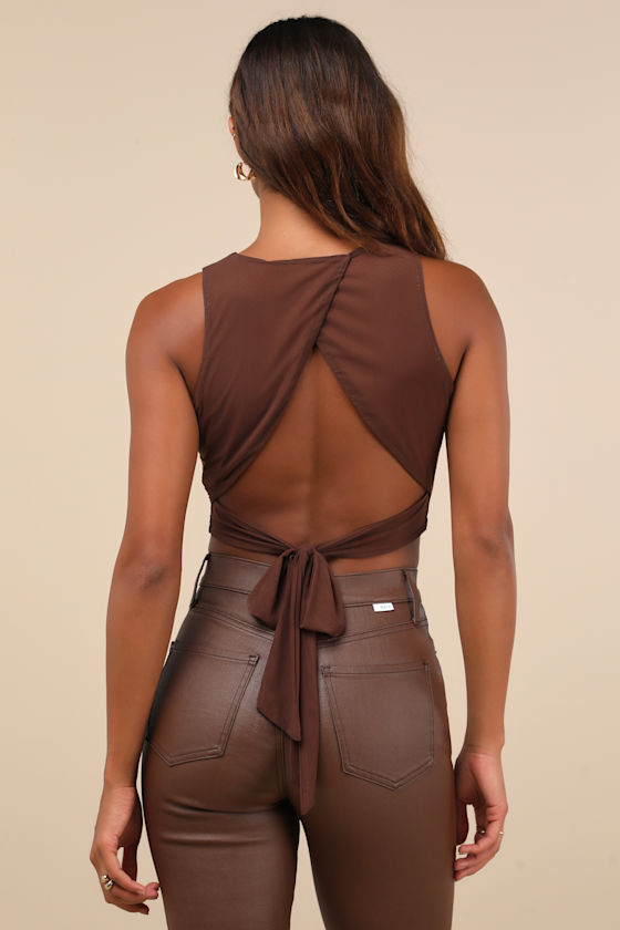 Lulus Coveted Essence Dark Brown Mesh Cutout Tie-back Crop Tank Top In Brown