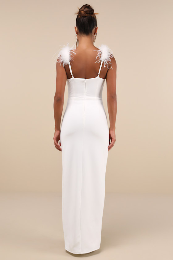 LULUS DRAMATIC PROMISE WHITE FEATHER STRAP RUCHED COLUMN MAXI DRESS