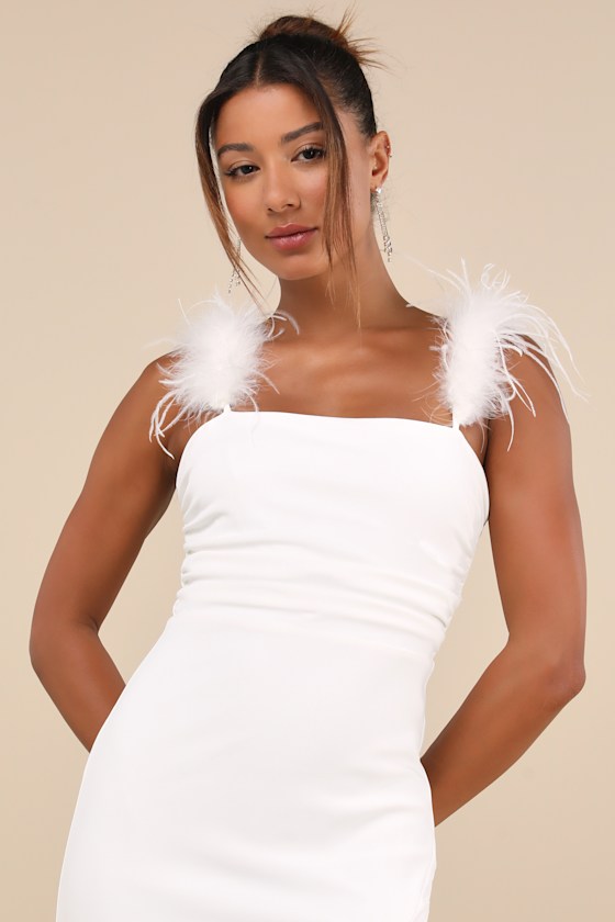 LULUS DRAMATIC PROMISE WHITE FEATHER STRAP RUCHED COLUMN MAXI DRESS