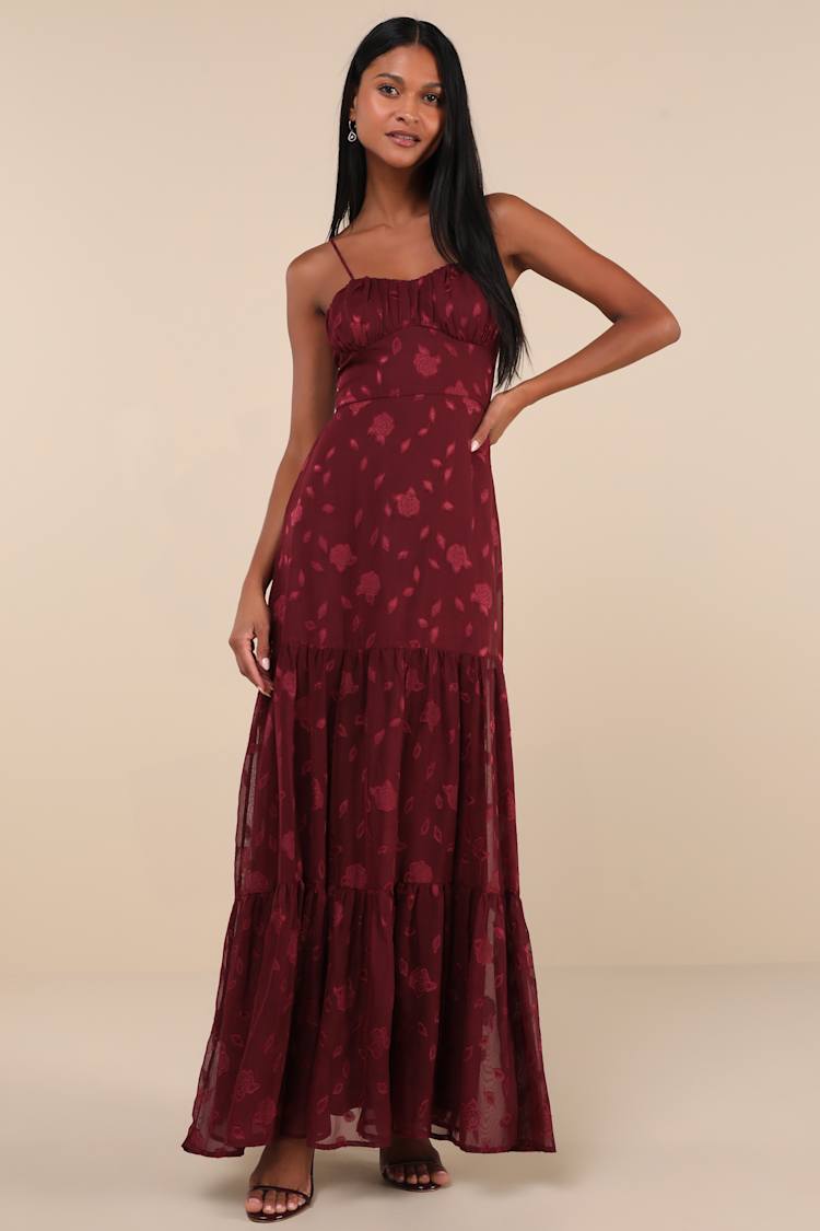 Burgundy Burnout Dress - Floral Bustier Dress - Tiered Maxi Dress - Lulus