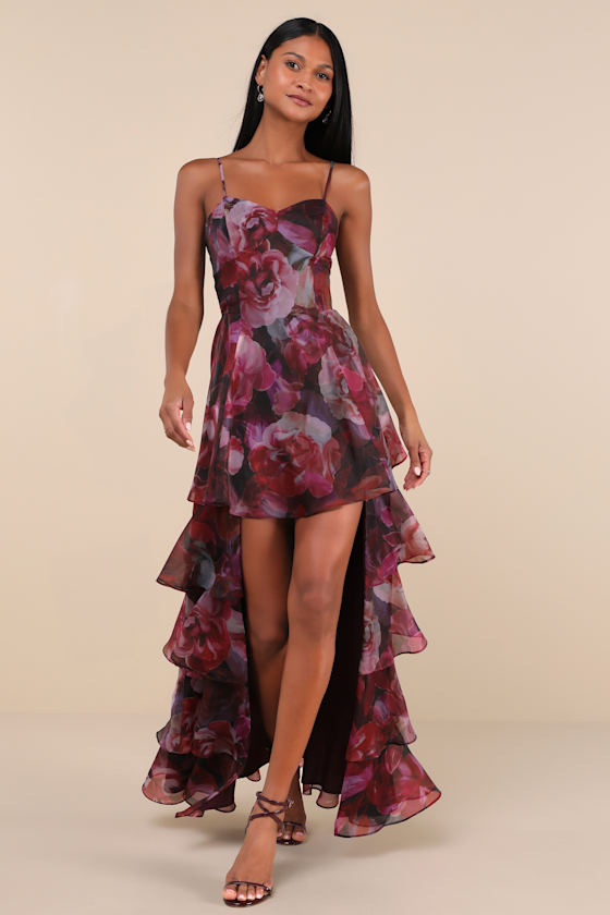 Stylish Decision Black and Magenta Floral Ruffled Maxi Dress 1