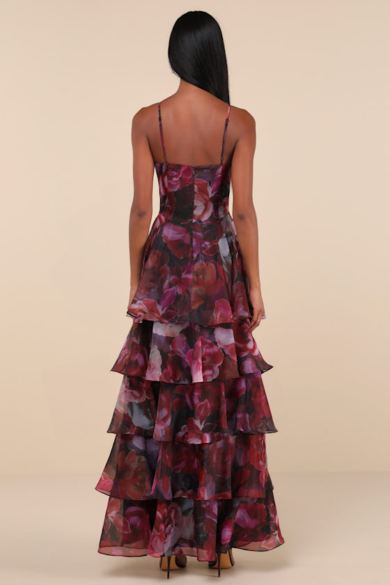 Lulus Stylish Decision Black And Magenta Floral Ruffled Maxi Dress In Magenta