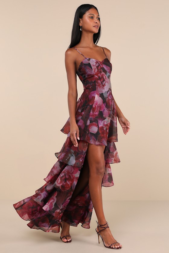 Lulus Stylish Decision Black And Magenta Floral Ruffled Maxi Dress In Magenta