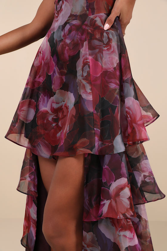 Lulus Stylish Decision Black And Magenta Floral Ruffled Maxi Dress In Magenta