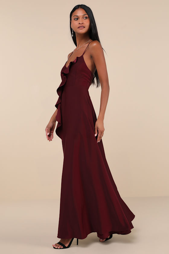 Lulus Stylish Grace Dark Plum Backless Lace-up Ruffled Maxi Dress In Purple