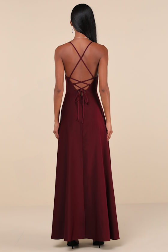 Lulus Stylish Grace Dark Plum Backless Lace-up Ruffled Maxi Dress In Purple