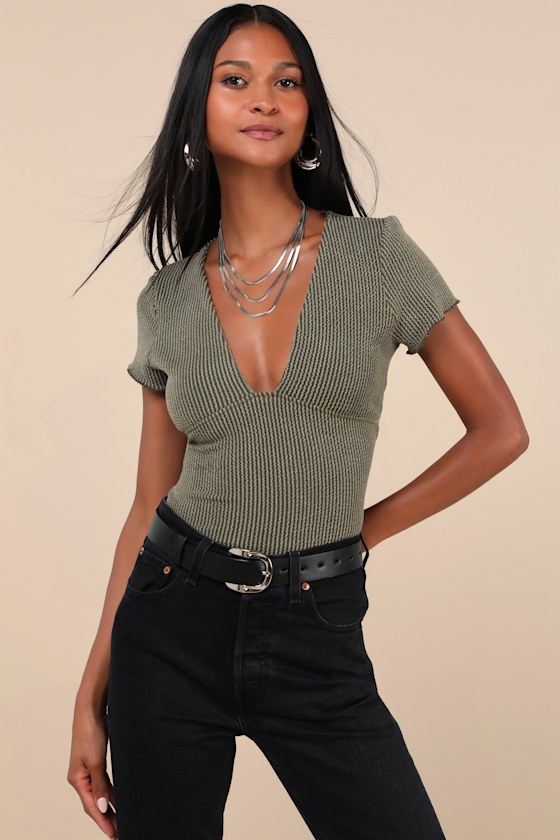 Stylish Appeal Olive Green Textured Short Sleeve Top 1