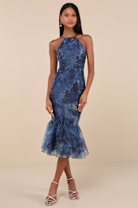 Admirable Essence Navy Blue Floral Organza Trumpet Midi Dress 2