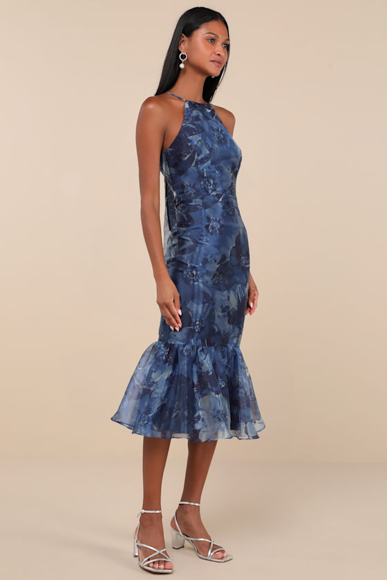 Lulus Admirable Essence Navy Blue Floral Organza Trumpet Midi Dress In Navy Blue