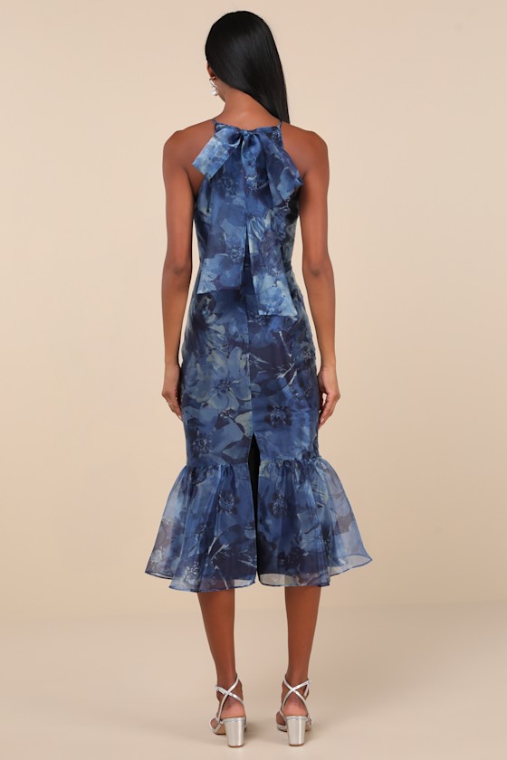 Lulus Admirable Essence Navy Blue Floral Organza Trumpet Midi Dress In Navy Blue