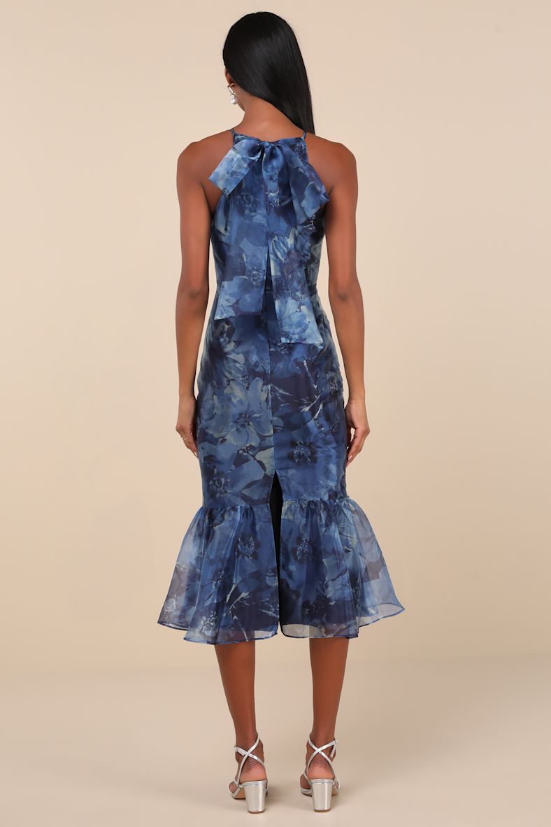 Admirable Essence Navy Blue Floral Organza Trumpet Midi Dress