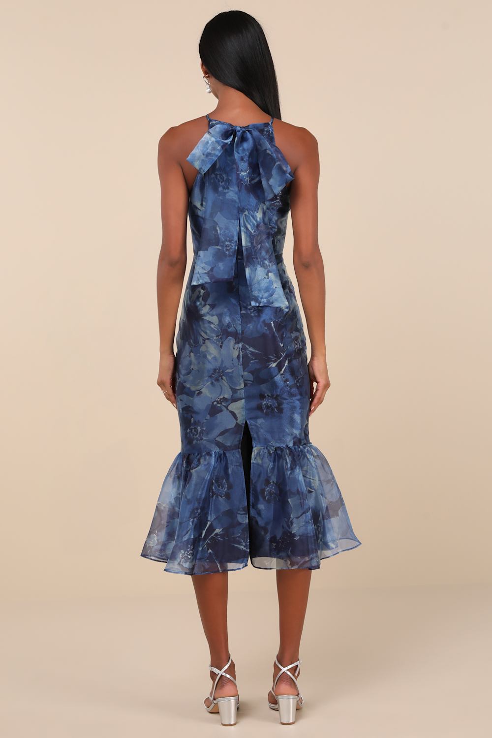 Admirable Essence Navy Blue Floral Organza Trumpet Midi Dress