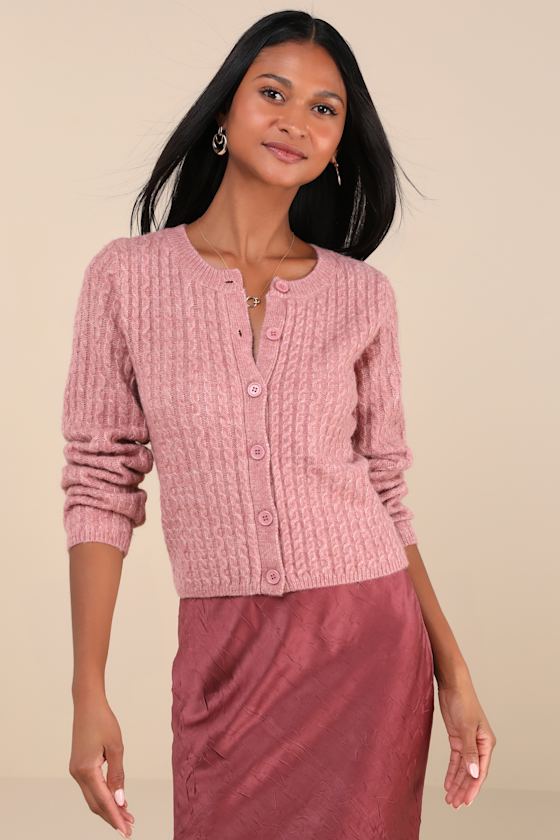Classically Comfy Heathered Pink Cable Knit Cardigan 1