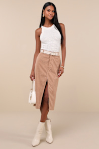 Refreshing Romance Tan Corduroy Midi Skirt 1