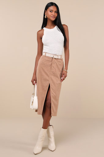 Refreshing Romance Tan Corduroy Midi Skirt 1