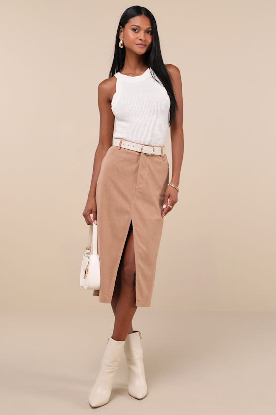 Refreshing Romance Tan Corduroy Midi Skirt 1