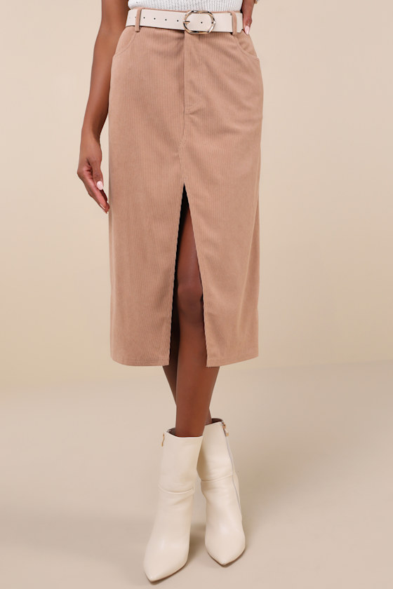 Refreshing Romance Tan Corduroy Midi Skirt 2