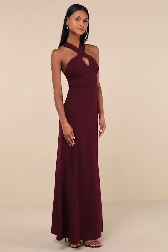 Lulus Keep You Enchanted Dark Purple Cutout Halter Mermaid Maxi Dress In Purple